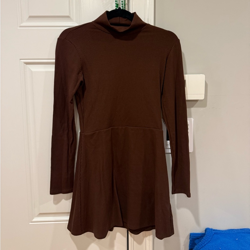 Reformation Chocolate Brown Ribbed Mock Neck Long Sleeve Dress